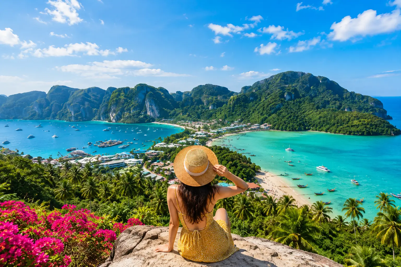 Woman in a yellow dress and sun hat overlooking Koh Phi Phi's turquoise bay and limestone cliffs